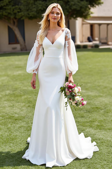 Ivory V-Neck Appliqued Mermaid Wedding Dress